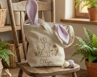 Personalized Bunny Hand Embroidered Easter Basket, Custom Name Egg Hunting Linen Basket, Bunny Ears Basket, Rabbit Easter Day Basket