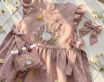 Silly Goose Birthday with Bow Sleeveless Dress for Girls, Custom 1st Birthday Soft Linen Dress, Embroidered Toddler Linen Dress