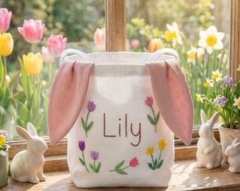 Custom Hand Embroidered Tulips Basket, Easter Egg Hunting Linen Basket, Bunny Ears Basket For Kids, Easter Day Basket, Baby Easter Bag Gift