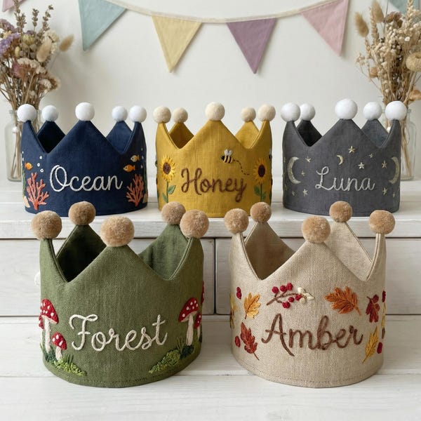 Personalized Linen Birthday Crown, Hand Embroidered Name, Boho Wildflower First Birthday Photo Prop, Boy or Girl