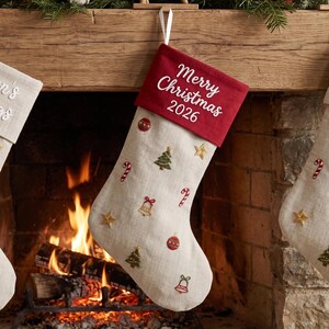 Merry Christmas Stocking, Hand Embroidered Linen Stocking, Custom Name Mantel Decor, Personalized Holiday Gift for Kids and Family