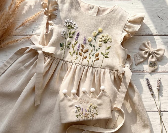 Wildflower Hand Embroidered Linen Dress, 1st Birthday Outfit, Flower Girl Dress, Custom Size and Color