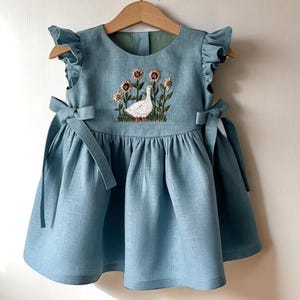 One Silly Goose in Sunflower Garden Hand Embroidered Dress for Girls, Toddler Linen Dress,Custom 1st Birthday Soft Linen Dress,Kids Clothing