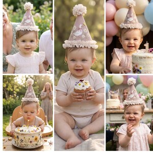 Custom Daisy Goose First Birthday Hat, Linen Hand Embroidered Party Hat, Pompom Crown Hat, Baby Keepsake Gift, Silly Goose Birthday Hat image 7