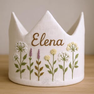 Personalized Wildflower Garden Hand Embroidered Birthday Party Crown, Custom Name Floral Linen Crown for Birthday, Handmade Birthday Crown