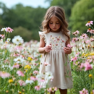 Custom Echinacea Hand Embroidered Sleeveless Dress for Girls, Personalized 1st Birthday Soft Linen Dress, Toddler Linen Dress,Kids Clothing