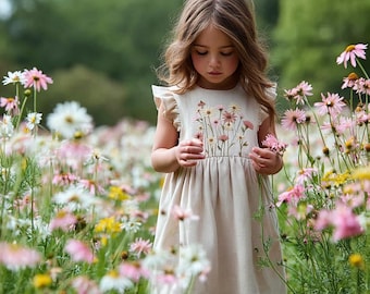 Custom Echinacea Hand Embroidered Sleeveless Dress for Girls, Personalized 1st Birthday Soft Linen Dress, Toddler Linen Dress,Kids Clothing