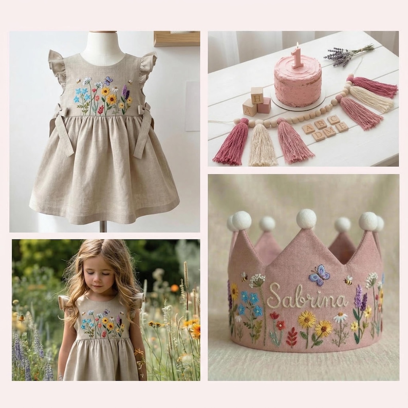 Butterfly & Bee in Wildflower Garden Hand Embroidered Dress for Girls, 1st Birthday Soft Linen Dress, Toddler Linen Dress, Kids Clothing image 6