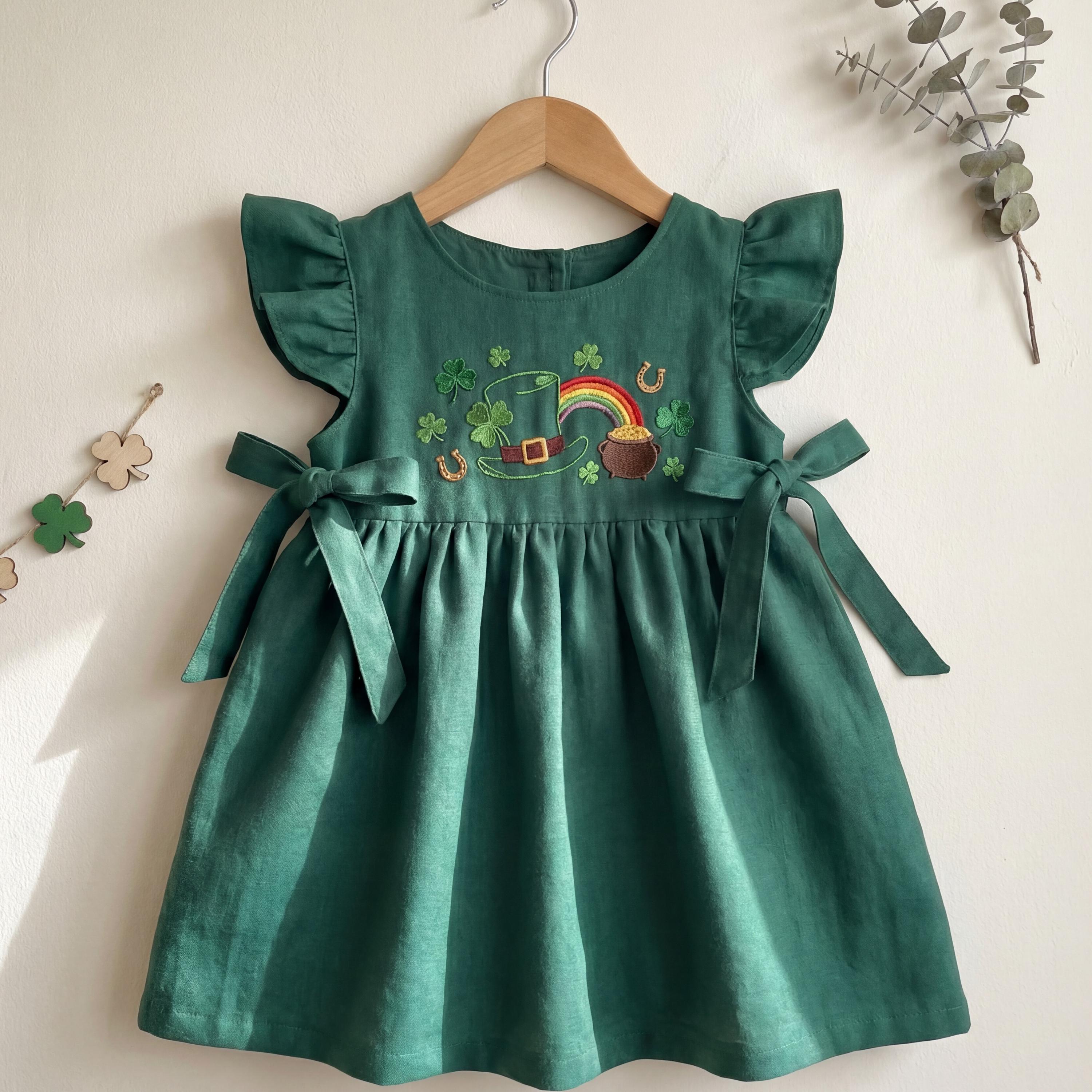 St Patrick's Day Irish Dress, Shamrocks Hand Embroidered Linen Dress, Custom Irish Linen Dress For Girls, Patrick's Day Gift, Toddler Dress