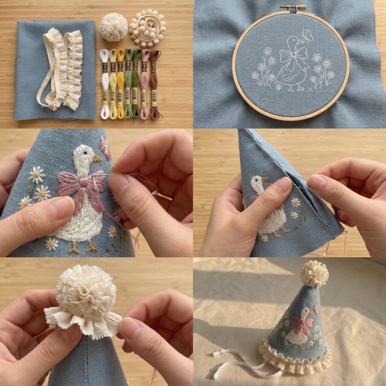 Puede incluir: Un kit de bordado DIY con tela azul, un bastidor de madera, seis madejas de hilo, ribete de volantes color crema y un pomp&oacute;n. El proyecto terminado es un gorro de fiesta c&oacute;nico con un pato, flores y una mariposa bordados.