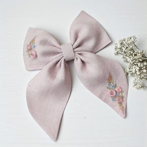 Vintage Pink Flower Hand Embroidered Hair Bow Clip, Floral Hair Bow Tie, Handmade Linen Hair Bow, Fabric Hair Bow, Hair Accessories Gift