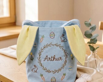 Custom Hand Embroidered Easter Wreaths Basket, Egg Hunt Linen Basket, Bunny Ears Basket For Kids, Happy Easter Christian Basket, Easter Gift