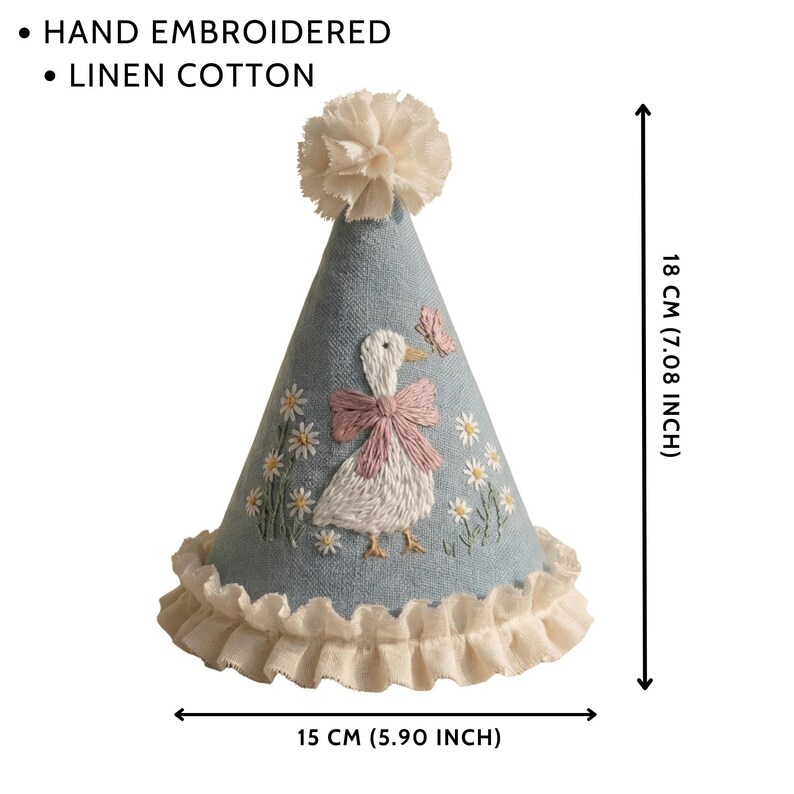 Gorro de cumpleaños personalizado con forma de ganso para bebé, gorro de fiesta de lino bordado a mano, gorro con pompón de cumpleaños, regalo de recuerdo para bebé, gorro floral con forma de ganso imagen 16
