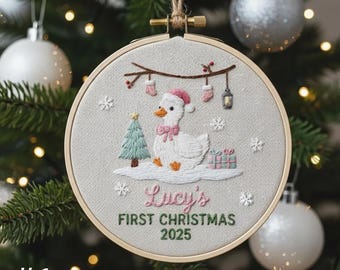 Goose Baby's First Christmas Embroidered Ornament, Personalized Unique Xmas Gift for New Baby, Custom Name 2025 Heirloom Gifts Ideas