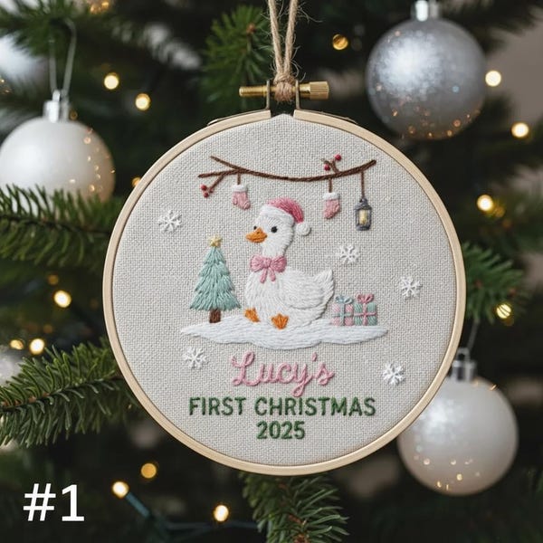 Pierwsza haftowana ozdoba świąteczna dla gęsi, spersonalizowany, wyjątkowy prezent świąteczny dla noworodka, niestandardowe imię – pomysły na prezenty rodzinne na rok 2025