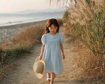 Vintage Linen Puff Sleeve Beach Dress for Girls, Custom Soft Linen Dress, Toddler Linen Dress, Kids Clothing, Embroidered Dress for Summer
