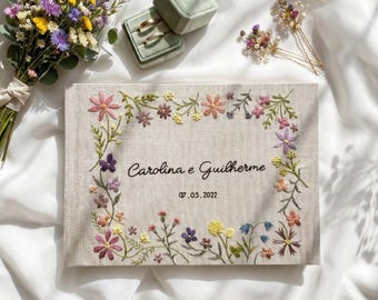 Flowers Wedding Guest Book, Personalized Wedding Guestbook Ideas, Custom Floral Hand Embroidered Linen Hardbound Scrapbook, Memory Book