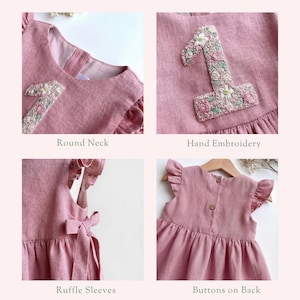 Personalized 1st Birthday Soft Linen Dress, Flowers Ruffle Sleeve Dress for Girls, Hand Embroidered Toddler Linen Dress, 1st Birthday Outfit image 2