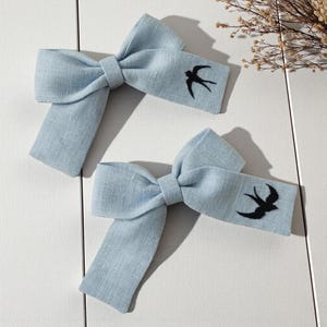 Personalized Swallow Hand Embroidered Hair Bow Clip, Floral Hair Bow Tie, Handmade Linen Hair Bow, Fabric Hair Bow, Hair Accessories Gift