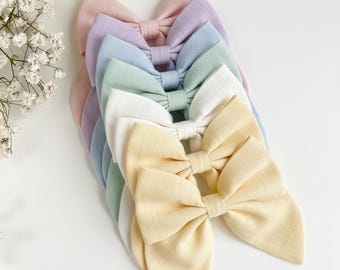 Vintage Linen Hair Bow for Girls, Flowers Linen Hair Bow Tie, Fabric Hair Bow Clip, Handmade Accessories Gift, Hand Embroidered Bow