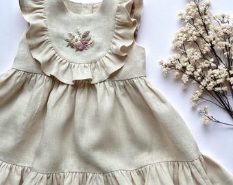 Flower Bouquet Sleeveless Dress for Girls, Custom 1st Birthday Soft Linen Dress, Embroidered Toddler Linen Dress, Kid Clothing