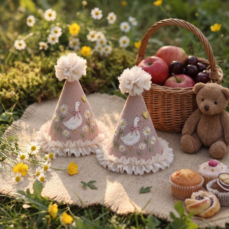 May include: Two cone-shaped party hats in dusty pink felt, each topped with a cream pom-pom and a ruffled trim. The hats feature embroidered white geese, yellow butterflies, and daisy flowers. The hats are displayed on a hessian mat.
