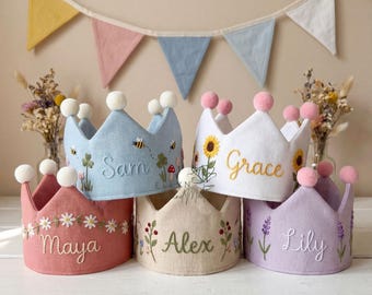 Personalized Birthday Party Crown, Custom Hand Embroidered Wildflower Linen Hat, Boho First Baby Gifts