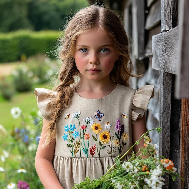 May include: A young girl wearing a beige dress with embroidered flowers and butterflies. The dress has ruffled sleeves and a gathered skirt. The girl has long blonde hair in a braid and is holding a bouquet of flowers.