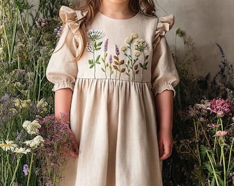 Personalized Wildflower Hand Embroidered Long Sleeveless Dress for Girls, 1st Birthday Soft Linen Dress, Toddler Linen Dress, Kids Clothing