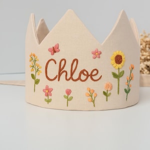 Personalized Sunflowers Birthday Party Crown, Hand Embroidered Linen Crown for Birthdays, Gifts for Birthday, Custom Handmade Baby Crown
