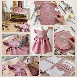 Personalized 1st Birthday Soft Linen Dress, Flowers Ruffle Sleeve Dress for Girls, Hand Embroidered Toddler Linen Dress, 1st Birthday Outfit image 3