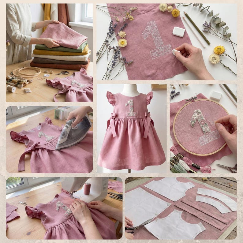 Personalized 1st Birthday Soft Linen Dress, Flowers Ruffle Sleeve Dress for Girls, Hand Embroidered Toddler Linen Dress, 1st Birthday Outfit image 3