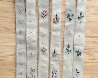Custom Name & Date Hand Embroidered Floral Bridal Bouquet Ribbon Wrap for Flowers/Decor, Personalized Boho Wedding Bouquet Ribbon