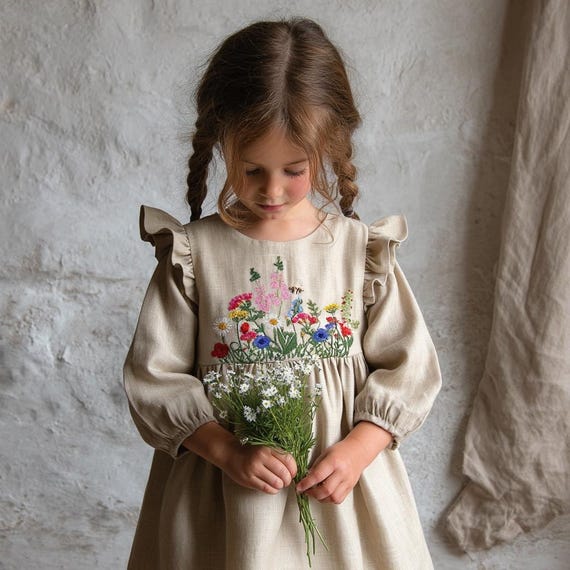 Bee in Wildflower Garden Hand Embroidered Dress for Girls, Personalized 1st Birthday Soft Linen Dress, Toddler Linen Dress, Kids Clothing