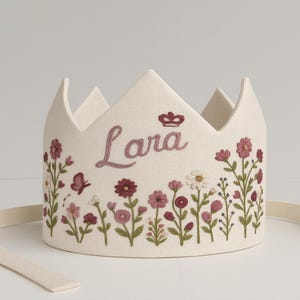 Personalized Wildflowers with Butterfly Birthday Party Crown, Hand Embroidered Linen Crown for Birthdays, Custom Name Handmade Baby Crown