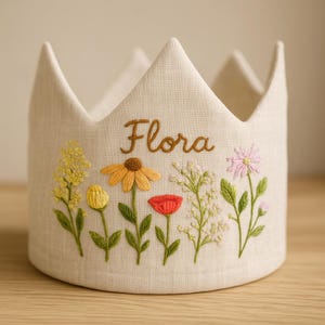 Vintage Wildflower Garden Hand Embroidered Birthday Party Crown, Personalized Floral Linen Crown for Birthday,Custom Handmade Birthday Crown