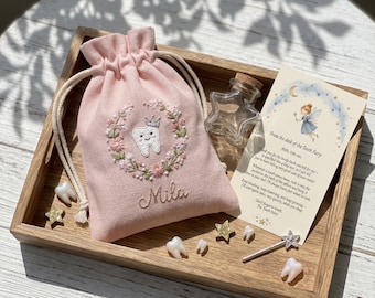 Saquinho bordado com flores para guardar dente, bolsinha infantil personalizada com cordão, saquinho para guardar dentinhos de bebê, presente personalizado para a fada do dente.