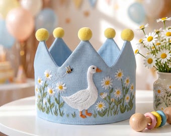Personalized Goose Hand Embroidery Crown, Linen Birthday Crown, First Birthday Outfit, Custom Floral Toddler Headpiece, Baby Shower Gift