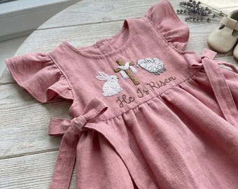 Hand Embroidered He Is Risen Easter Dress, Soft Linen Dress, Jesus Dress For Girl, Christian Easter Dress, Toddler Dress, Baby Sheep Dress