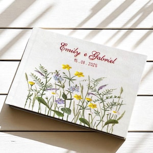 Custom Name Wildflower Garden Wedding Guest Book, Personalized Floral Hand Embroidered Linen Guestbook, Memory Scrapbook, Wedding Keepsake