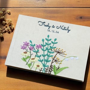 Custom Wildflower Wedding Guest Book, Personalized Hand Embroidered Guestbook, Linen Memory Book, Linen Scrapbook, Wedding Keepsake Gift