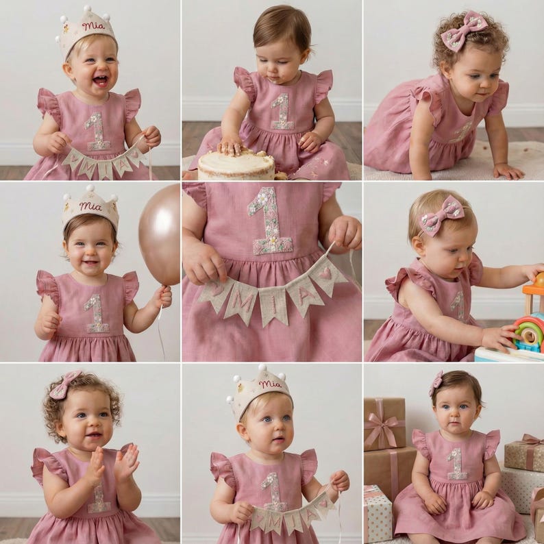 Personalized 1st Birthday Soft Linen Dress, Flowers Ruffle Sleeve Dress for Girls, Hand Embroidered Toddler Linen Dress, 1st Birthday Outfit image 4