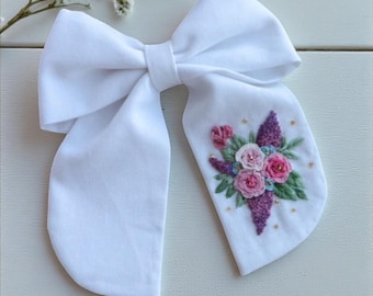 Flower Bouquet Hand Embroidered Linen Hair Bow, Girl School Bow Tie, Floral Linen Hair Bow, Fabric Hair Bow, School Accessories Gift