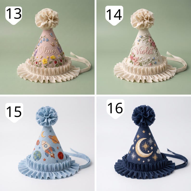 Puede incluir: Cuatro gorros de fiesta c&oacute;nicos con bordes con volantes y pompones. El 13 es rosa con bordados florales y el nombre Oliver. El 14 es crema con bordados florales y el nombre Violet. El 15 es azul claro con motivos espaciales. El 16 es azul marino con bordados de luna y estrellas.