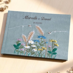 Custom Garden with Butterfly Wedding Guest Book, Personalized Hand Embroidered Guestbook, Linen Memory Book, Linen Scrapbook