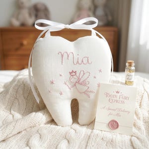 Oreiller personnalisé fée des dents, nom personnalisé brodé à la main avec poche à dents en lin, cadeau souvenir pour fille, carte et pot en verre gratuits