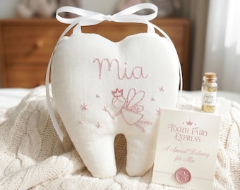 Personalized Tooth Fairy Pillow, Custom Name Hand Embroidered Linen Tooth Pouch with Pocket, Keepsake Gift for Girls, Free Card & Glass Jar