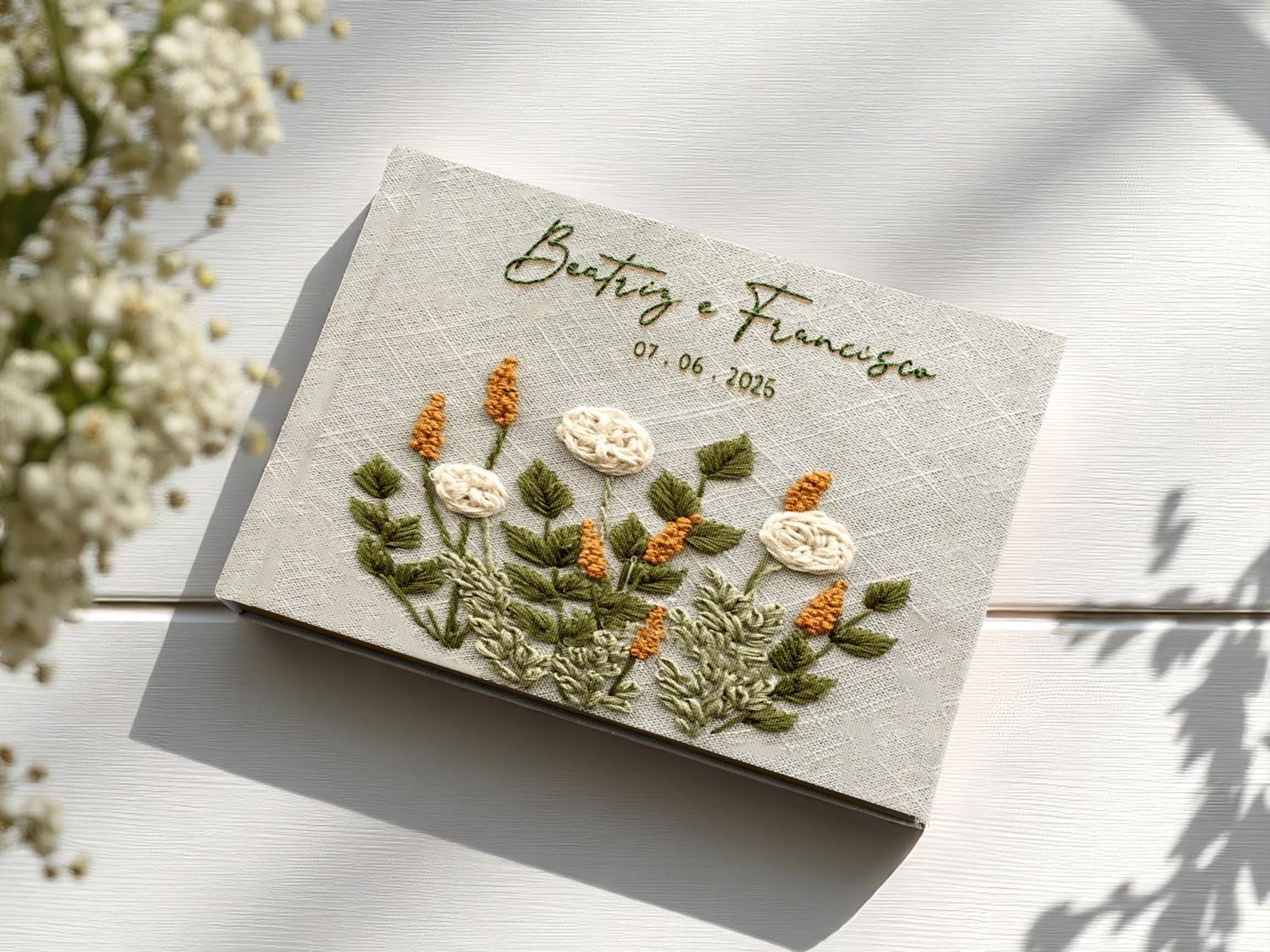 Personalized Floral Wedding Guest Book, Wedding Guestbook Ideas, Custom Wildflowers Hand Embroidered Linen Hardbound Scrapbook, Memory Book