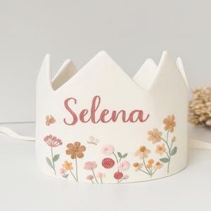 Personalized Wildflowers with Butterflies Birthday Party Crown, Hand Embroidered Linen Crown for Birthdays, Custom Handmade Baby Crown