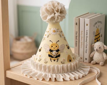 Personalized Bee Embroidered Birthday Hat, Wildflowers Linen Baby Party Hat, First Birthday Outfit Keepsake,  Pompom Crown Hat, Baby Crown